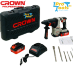 Marteau perforateur sans fil sans مطرقة دوارة (هيلتي) لاسلكية بدون فحمات 20 فولت، بنظام SDS-PLUS وقوة طرق 2.8 جول، مع بطاريتين 4.0 أمبير CROWN |