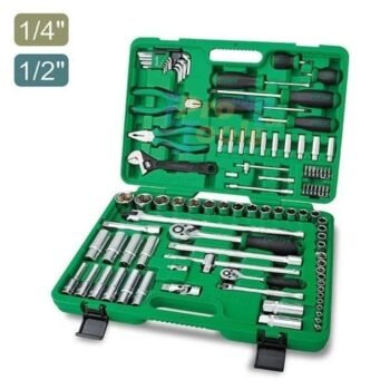 طقم لقم ومفاتيح سقاطة 97 قطعة، بمقاسات 1/2 و 1/4 بوصة، في حقيبة بلاستيكية خضراء من TOPTUL