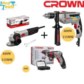 crownباقة الأعمال المنزلية 3 قطع من كراون: صاروخ جلخ 860 واط، مثقاب كهربائي 600 واط، ومفك براغي لاسلكي 3.6 فولت