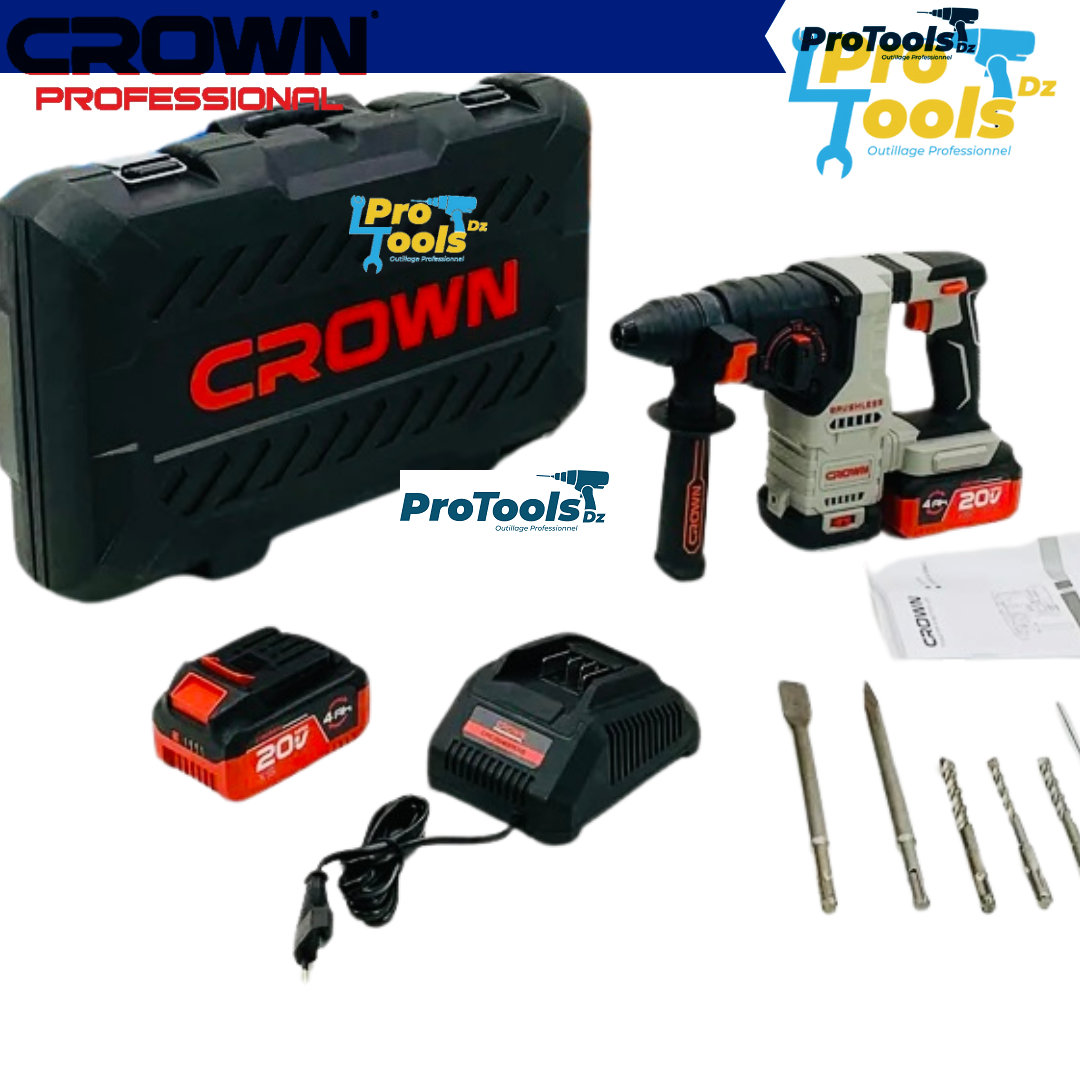 Marteau perforateur sans fil sans مطرقة دوارة (هيلتي) لاسلكية بدون فحمات 20 فولت، بنظام SDS-PLUS وقوة طرق 2.8 جول، مع بطاريتين 4.0 أمبير CROWN |