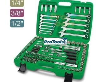 طقم أدوات ميكانيكية 130 قطعة، بمقاسات 1/4، 3/8، و 1/2 بوصة، في حقيبة بلاستيكية خضراء من TOPTUL