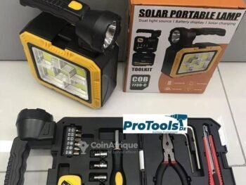 مصباح طوارئ متعدد الوظائف يعمل بالطاقة الشمسية وقابل للشحن، مع صندوق أدوات مدمج