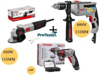 crownباقة الأعمال المنزلية 3 قطع من كراون: صاروخ جلخ 860 واط، مثقاب كهربائي 600 واط، ومفك براغي لاسلكي 3.6 فولت