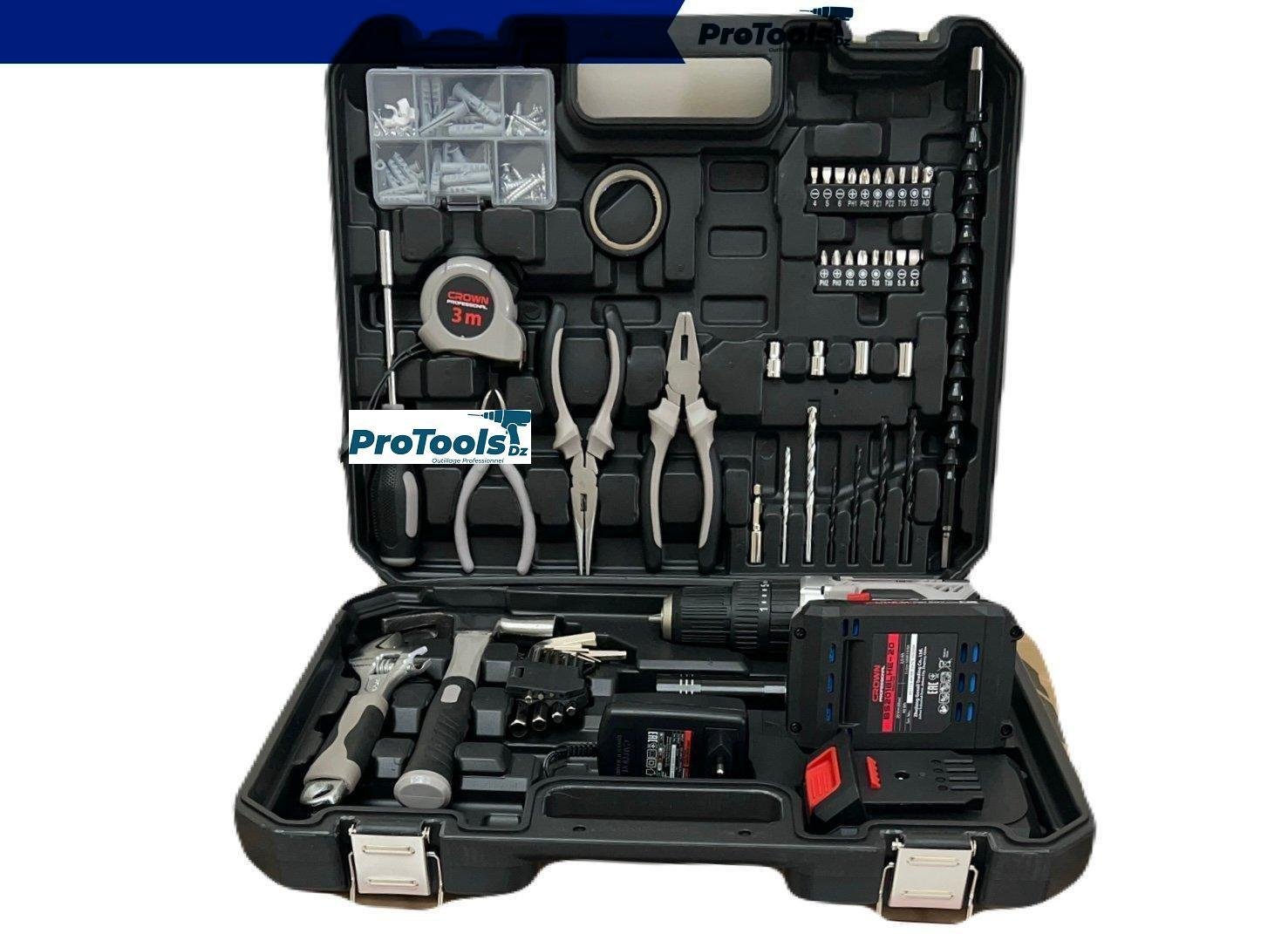 حقيبة أدوات متكاملة 50 قطعة (كراون) مع مثقاب ومفك دقاق لاسلكي 20 فولت