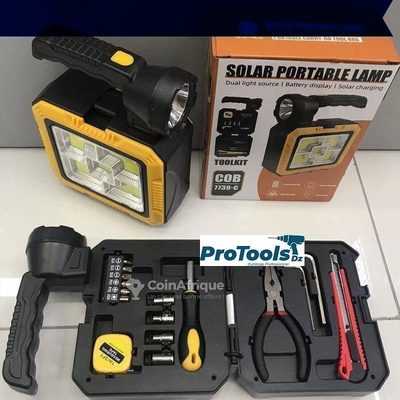 مصباح طوارئ متعدد الوظائف يعمل بالطاقة الشمسية وقابل للشحن، مع صندوق أدوات مدمج