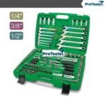 طقم أدوات ميكانيكية 130 قطعة، بمقاسات 1/4، 3/8، و 1/2 بوصة، في حقيبة بلاستيكية خضراء من TOPTUL